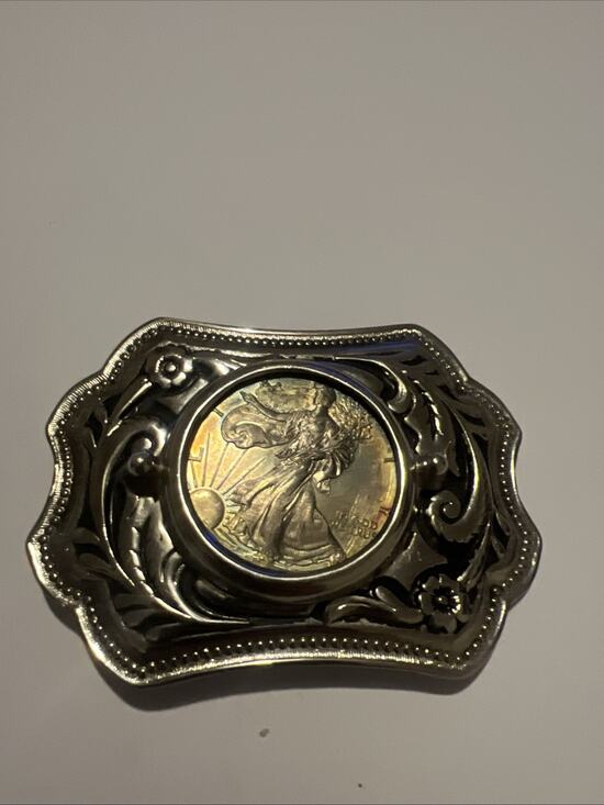 Western Antique Silver Engraved American Eagle Belt Buckle  Walking Liberty / Silver Eagle Belt With A Vintage Buckle Frame